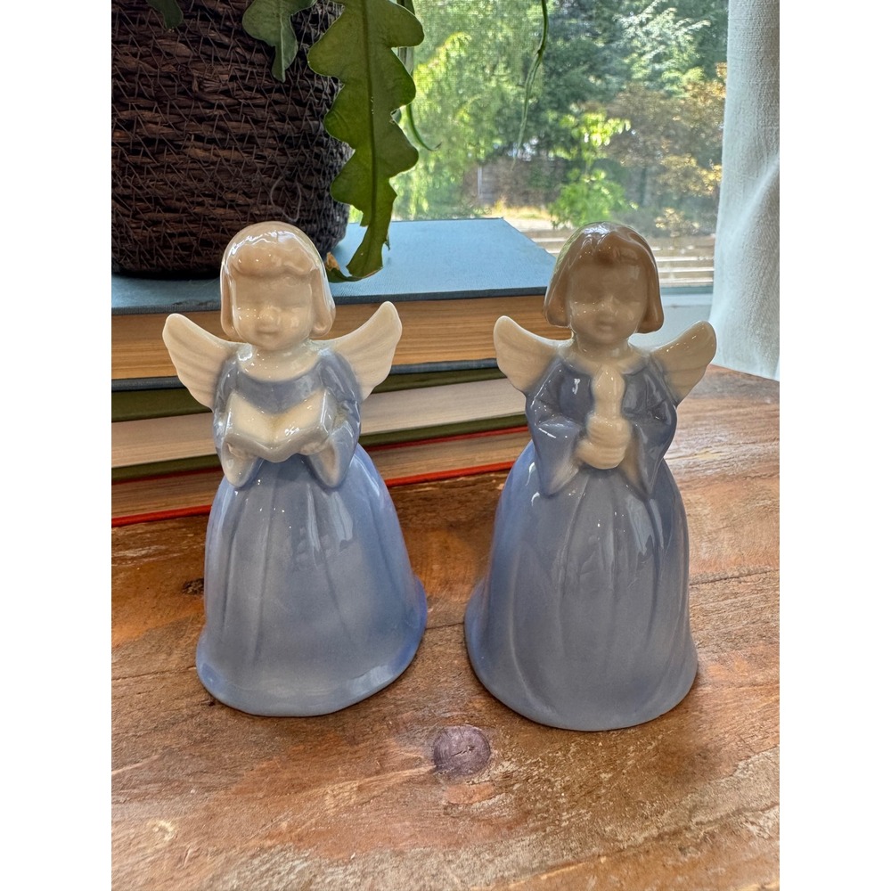 Vintage Ceramic Angel Bells Blue Gown Figurines Set of 2 Christmas Decor 4.25"